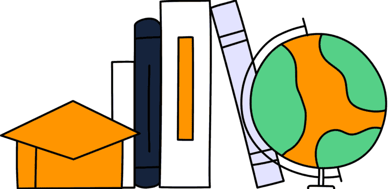 Boeken met wereldbol en afstudeerhoedje - Livres avec globe et chapeau de fin d'études - Books with globe and graduation hat